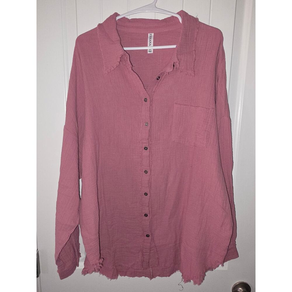Zenana oversized raw edge button-up shirt made from double gauze cotton NWOT